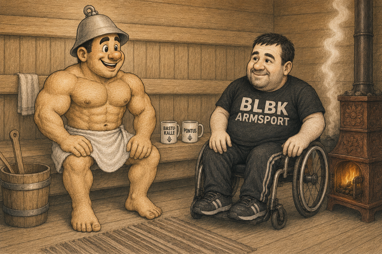 Bastu-Kalle och Pontus sitter tillsammans i bastun